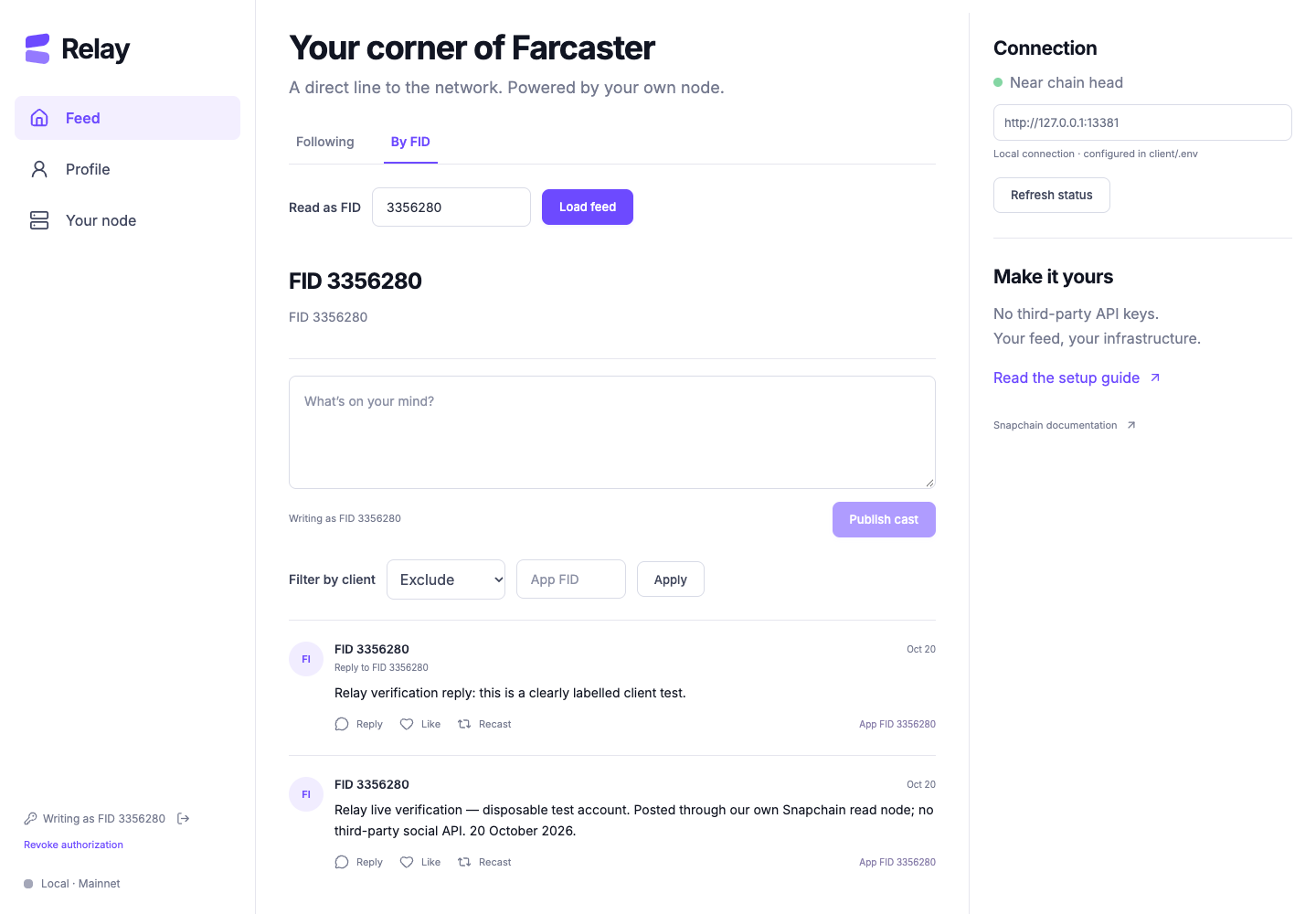 Relay client showing two labelled mainnet test casts from FID 3356280